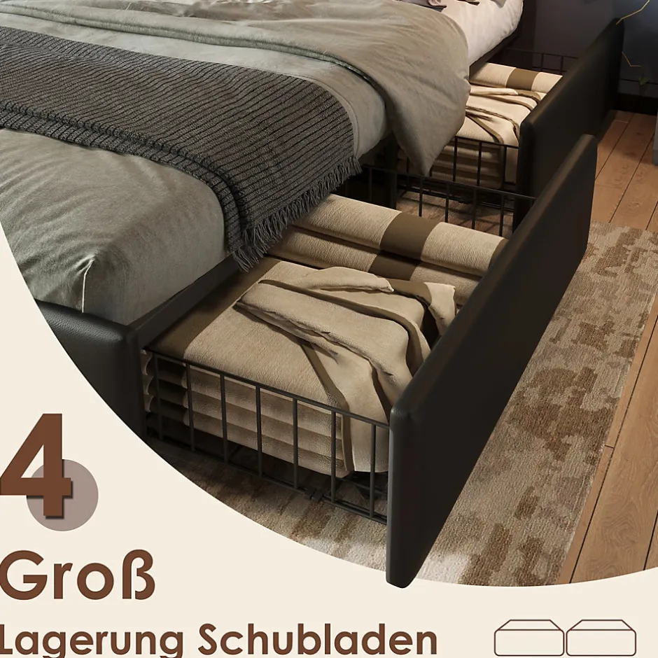 Okwish Lit avec Rangement 90x200 cm - Lit Simple Capitonné avec 4 Tiroirs, Bandeau LED et Tête Réglable, Sans Matelas, PU, Noir