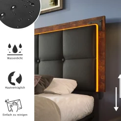 Okwish Lit avec Rangement 90x200 cm - Lit Simple Capitonné avec 4 Tiroirs, Bandeau LED et Tête Réglable, Sans Matelas, PU, Noir
