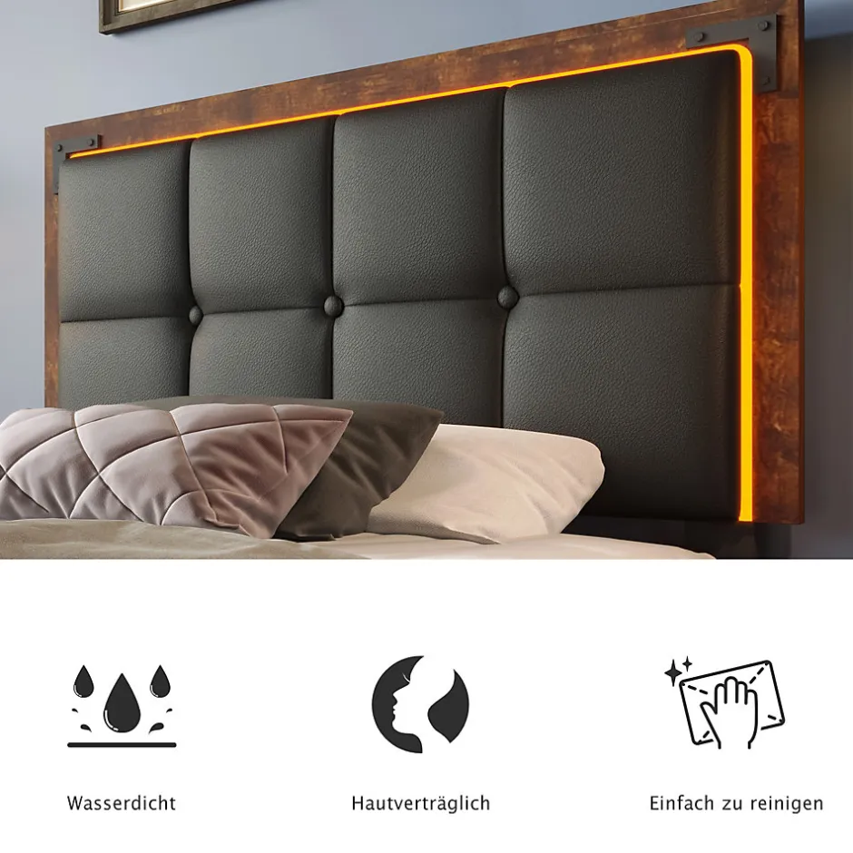 Okwish Lit avec Rangement 90x200 cm - Lit Simple Capitonné avec 4 Tiroirs, Bandeau LED et Tête Réglable, Sans Matelas, PU, Noir