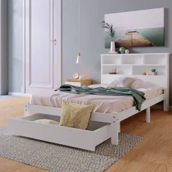 Generique Lit avec rangement 90x200 cm - Lit simple avec tiroirs et tête de lit - Pin massif + MDF - Sans Matelas - Blanc Outlet
