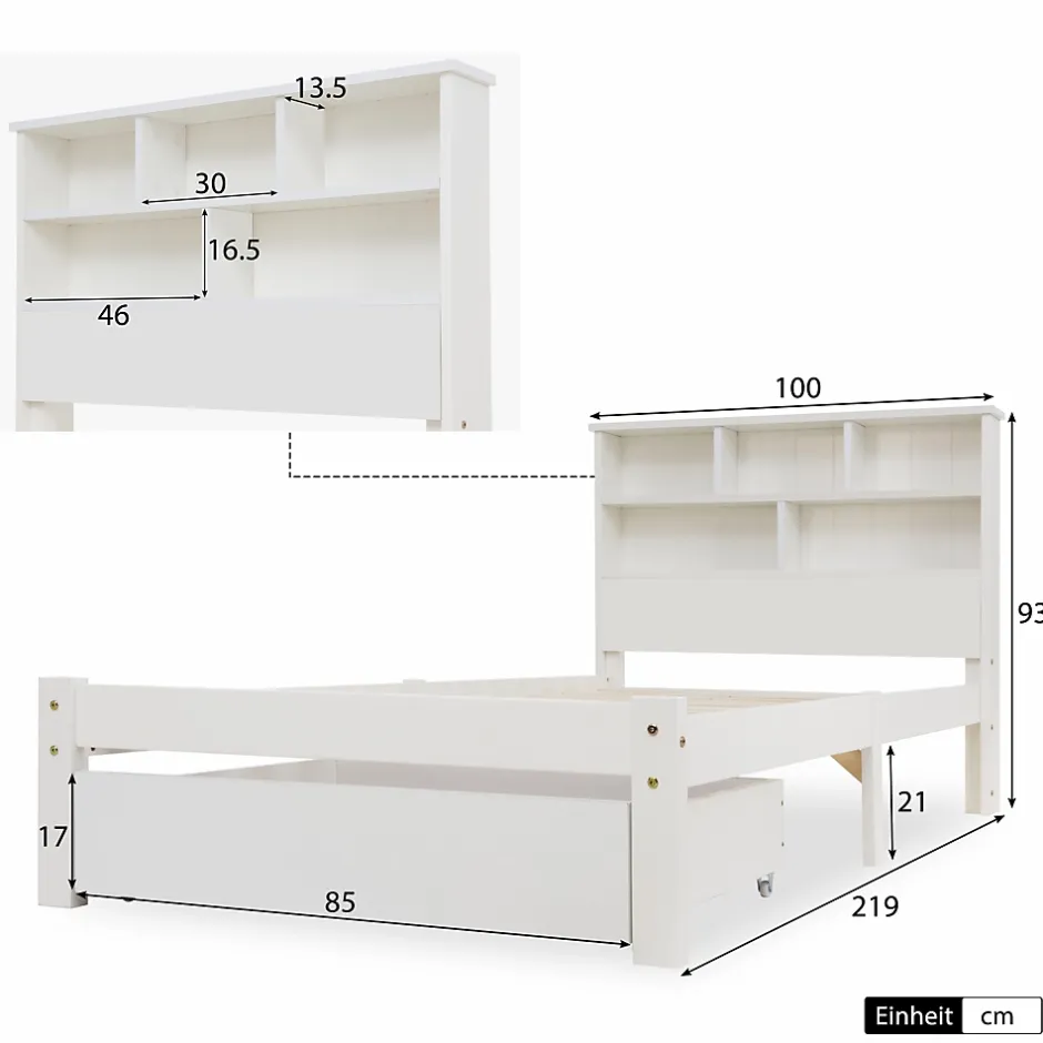 Generique Lit avec rangement 90x200 cm - Lit simple avec tiroirs et tête de lit - Pin massif + MDF - Sans Matelas - Blanc Outlet