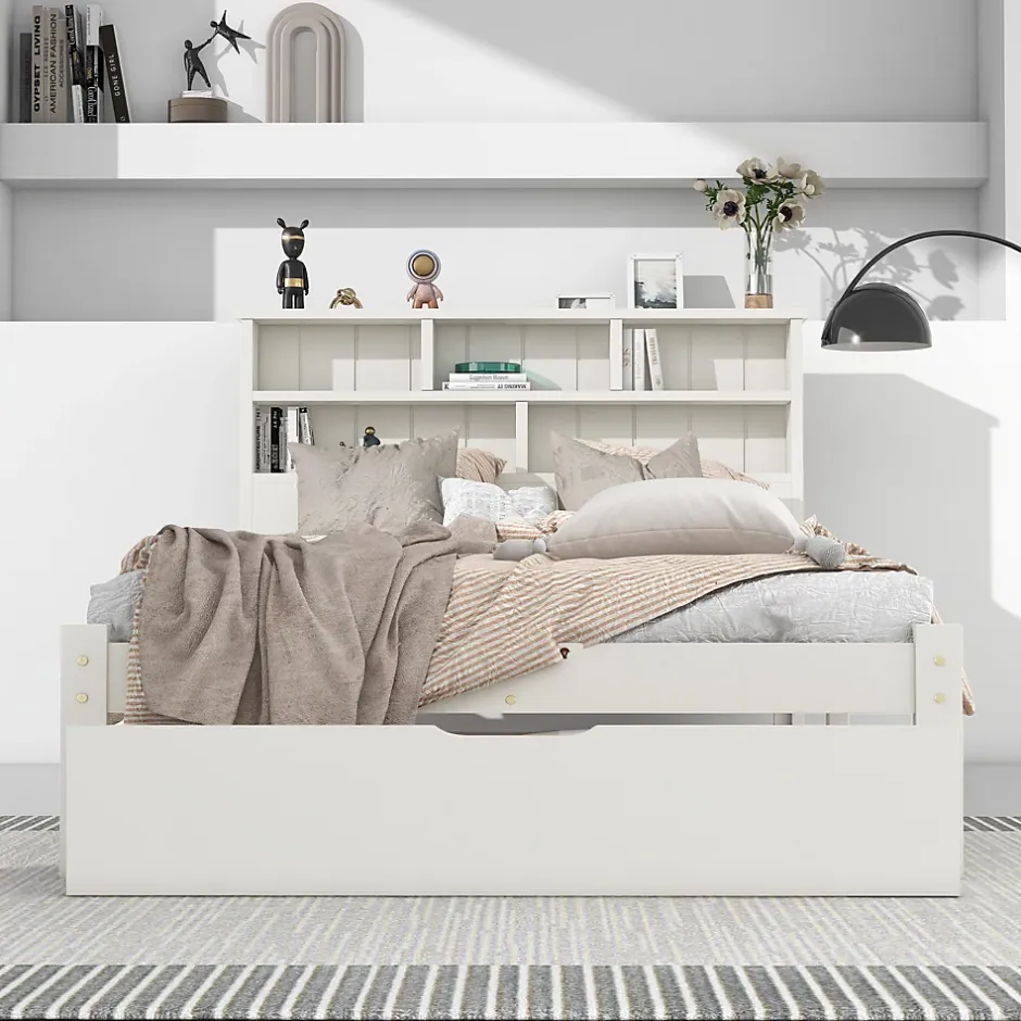 Generique Lit avec rangement 90x200 cm - Lit simple avec tiroirs et tête de lit - Pin massif + MDF - Sans Matelas - Blanc Outlet
