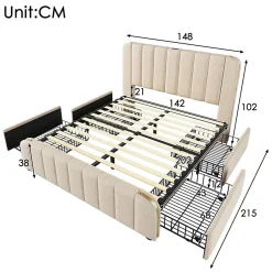 Okwish Lit avec rangement 140x200 cm - Lit double rembourré avec fonction USB Type-C et 4 tiroirs - Lin - Sans Matelas - Beige Outlet