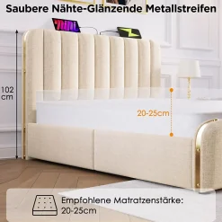 Okwish Lit avec rangement 140x200 cm - Lit double rembourré avec fonction USB Type-C et 4 tiroirs - Lin - Sans Matelas - Beige Outlet