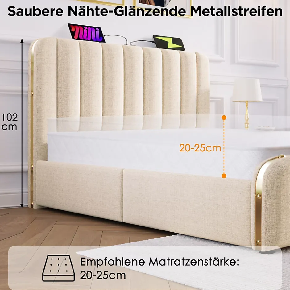 Okwish Lit avec rangement 140x200 cm - Lit double rembourré avec fonction USB Type-C et 4 tiroirs - Lin - Sans Matelas - Beige Outlet