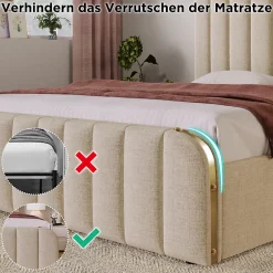 Okwish Lit avec rangement 140x200 cm - Lit double rembourré avec fonction USB Type-C et 4 tiroirs - Lin - Sans Matelas - Beige Outlet