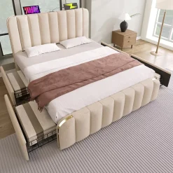 Okwish Lit avec rangement 140x200 cm - Lit double rembourré avec fonction USB Type-C et 4 tiroirs - Lin - Sans Matelas - Beige Outlet
