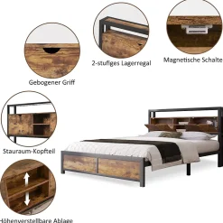 Okwish Lit avec rangement 140x200 cm - Lit double métal avec tête de lit et sommier à lattes - Métal - Sans Matelas - Noir Discount