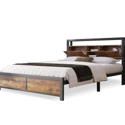 Okwish Lit avec rangement 140x200 cm - Lit double métal avec tête de lit et sommier à lattes - Métal - Sans Matelas - Noir Discount
