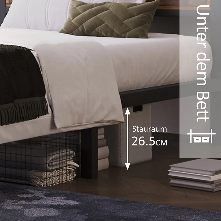 Okwish Lit avec rangement 140x200 cm - Lit double métal avec tête de lit et sommier à lattes - Métal - Sans Matelas - Noir Discount
