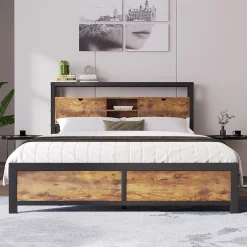 Okwish Lit avec rangement 140x200 cm - Lit double métal avec tête de lit et sommier à lattes - Métal - Sans Matelas - Noir Discount