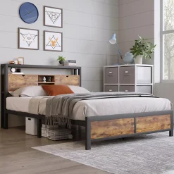 Okwish Lit avec rangement 140x200 cm - Lit double métal avec tête de lit et sommier à lattes - Métal - Sans Matelas - Noir Discount
