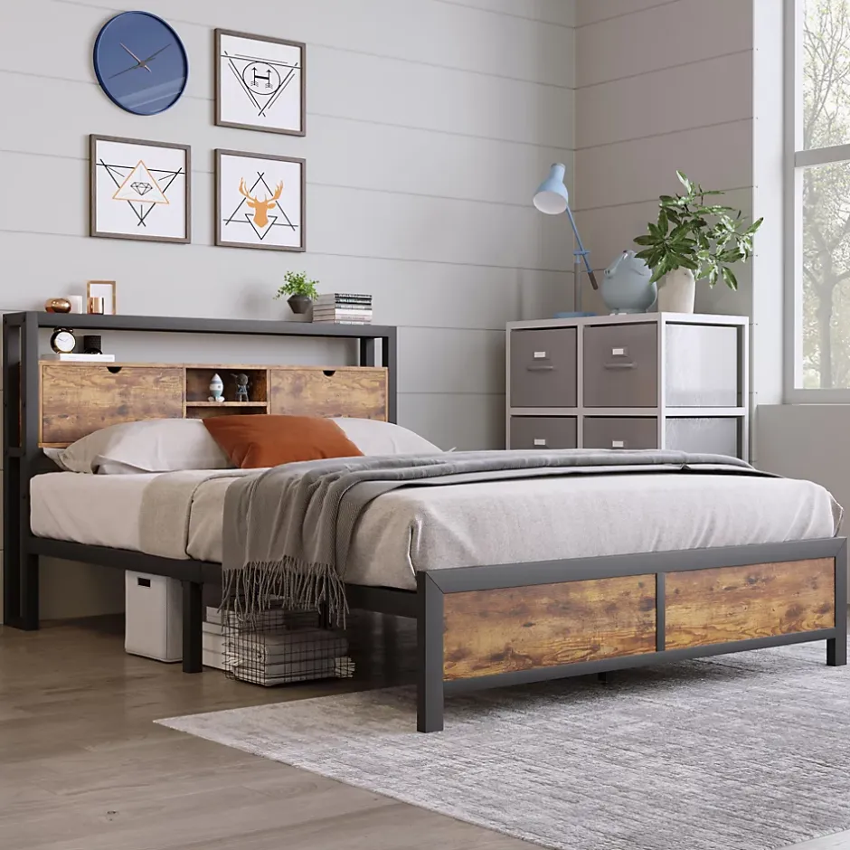 Okwish Lit avec rangement 140x200 cm - Lit double métal avec tête de lit et sommier à lattes - Métal - Sans Matelas - Noir Discount