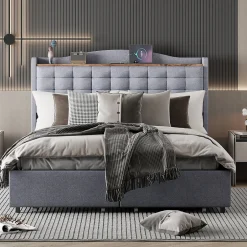 Okwish Lit avec Rangement 140x200 cm - Lit Double avec Port USB, Table de Chevet avec 4 Tiroirs, Sans Matelas, Lin, Gris Clair
