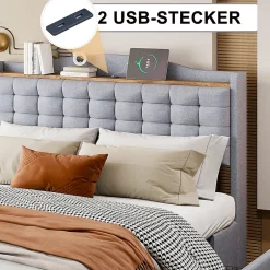 Okwish Lit avec Rangement 140x200 cm - Lit Double avec Port USB, Table de Chevet avec 4 Tiroirs, Sans Matelas, Lin, Gris Clair