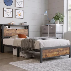 Okwish Lit avec rangement 90x200 cm - Lit Simple Cadre de Lit en Métal - avec Sommier à Lattes - Métal - Sans Matelas - Noir