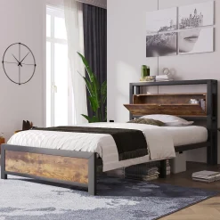Okwish Lit avec rangement 90x200 cm - Lit Simple Cadre de Lit en Métal - avec Sommier à Lattes - Métal - Sans Matelas - Noir