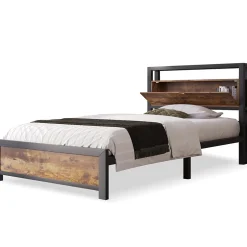 Okwish Lit avec rangement 90x200 cm - Lit Simple Cadre de Lit en Métal - avec Sommier à Lattes - Métal - Sans Matelas - Noir