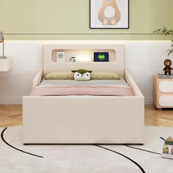 Okwish Lit avec rangement 90x200 cm - Lit enfant capitonné avec veilleuse et port USB - Similicuir + Métal - Sans matelas - Beige