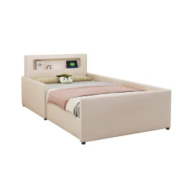 Okwish Lit avec rangement 90x200 cm - Lit enfant capitonné avec veilleuse et port USB - Similicuir + Métal - Sans matelas - Beige
