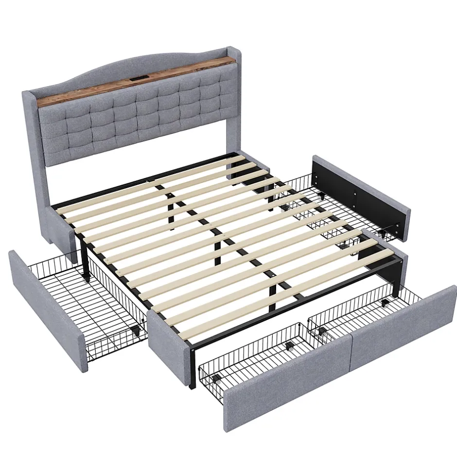 Okwish Lit avec Rangement 160x200 cm - Lit Double avec Port USB, Table de Chevet avec 4 Tiroirs, Sans Matelas, Lin, Gris Clair