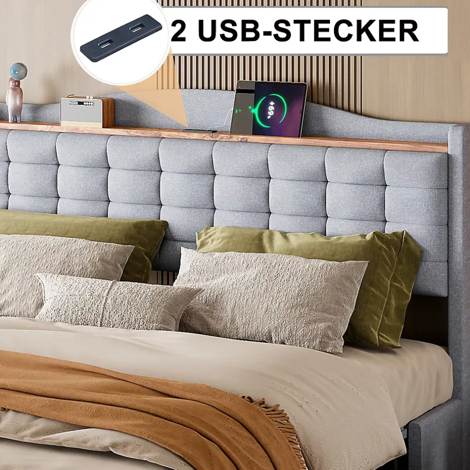 Okwish Lit avec Rangement 160x200 cm - Lit Double avec Port USB, Table de Chevet avec 4 Tiroirs, Sans Matelas, Lin, Gris Clair