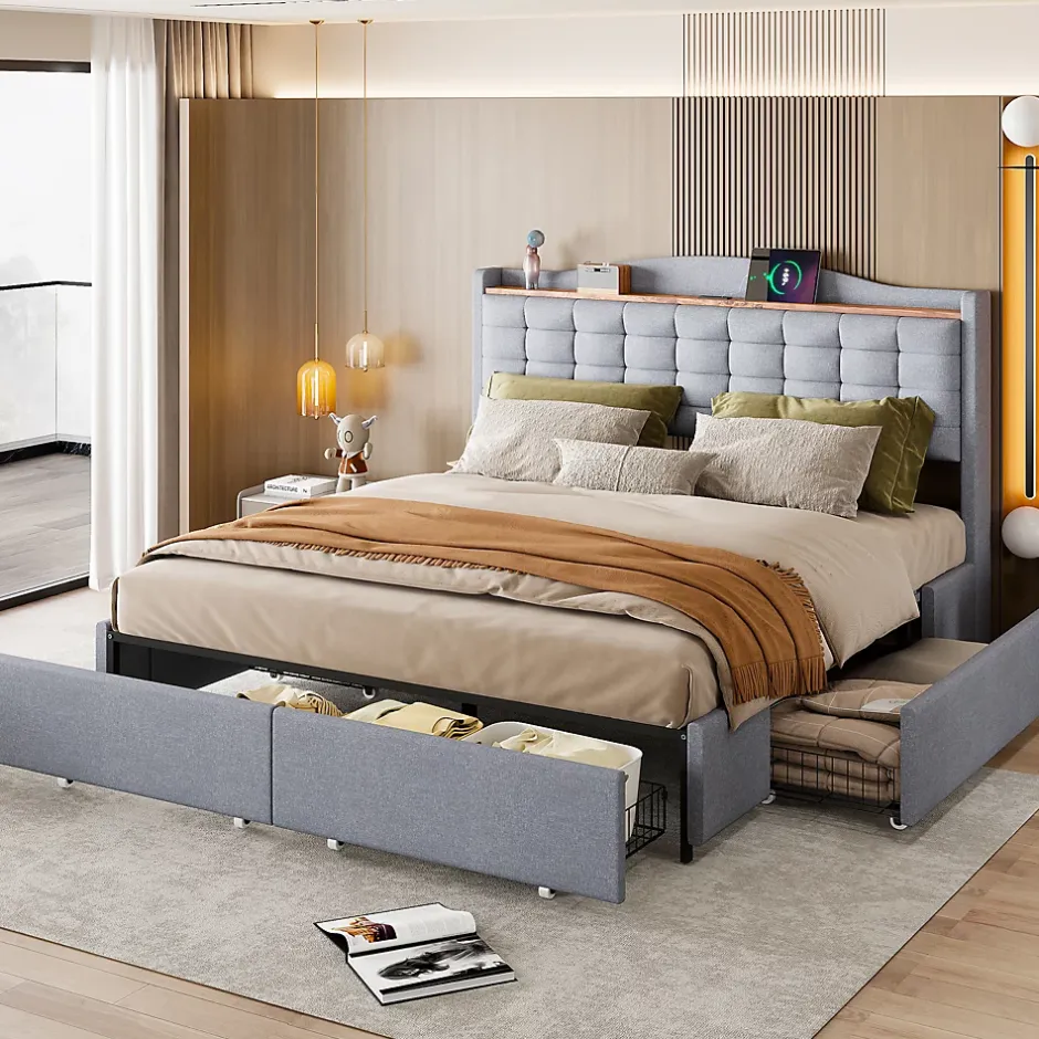 Okwish Lit avec Rangement 160x200 cm - Lit Double avec Port USB, Table de Chevet avec 4 Tiroirs, Sans Matelas, Lin, Gris Clair