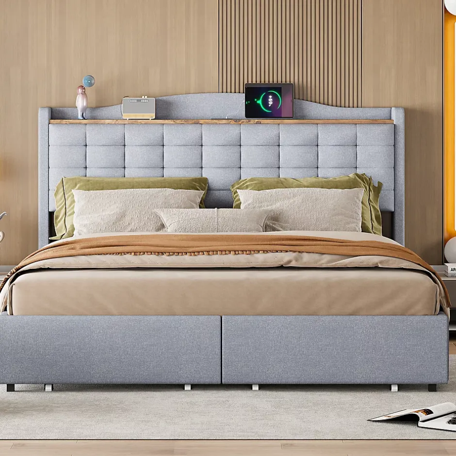 Okwish Lit avec Rangement 160x200 cm - Lit Double avec Port USB, Table de Chevet avec 4 Tiroirs, Sans Matelas, Lin, Gris Clair