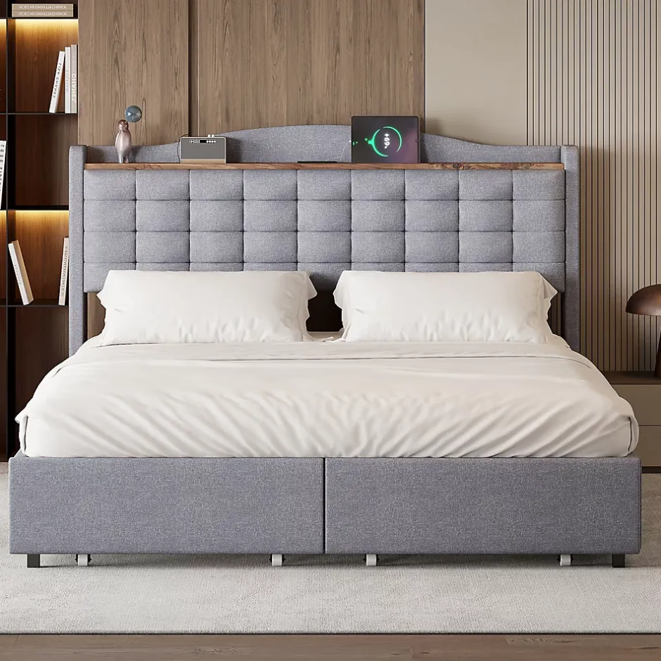 Okwish Lit avec Rangement 160x200 cm - Lit Double avec Port USB, Table de Chevet avec 4 Tiroirs, Sans Matelas, Lin, Gris Clair