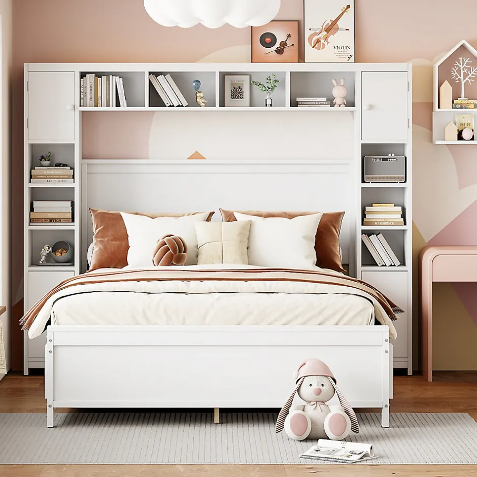 Okwish Lit avec Rangement 140x200 cm - Lit Double avec 4 Tiroirs et Placard Spacieux, Bois Massif et MDF, Sans Matelas - Blanc