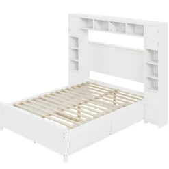 Okwish Lit avec Rangement 140x200 cm - Lit Double avec 4 Tiroirs et Placard Spacieux, Bois Massif et MDF, Sans Matelas - Blanc