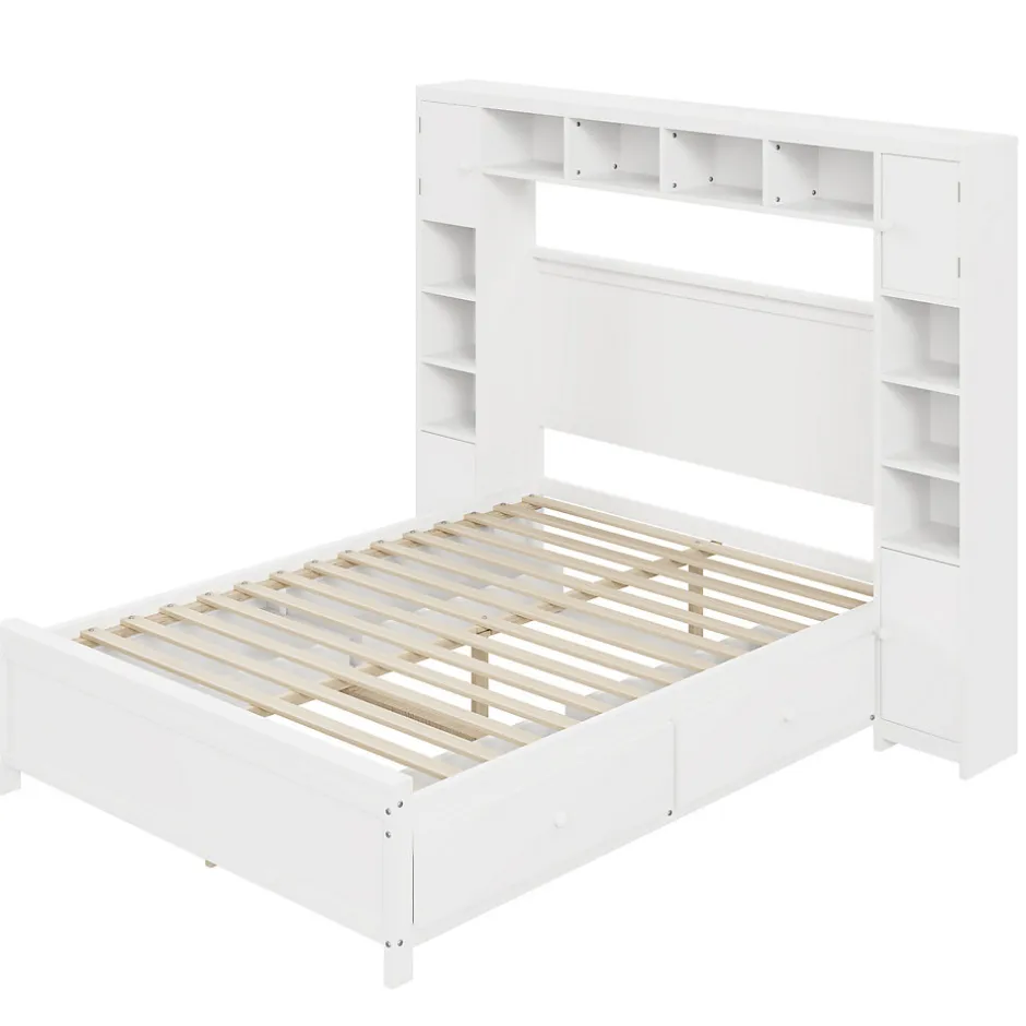 Okwish Lit avec Rangement 140x200 cm - Lit Double avec 4 Tiroirs et Placard Spacieux, Bois Massif et MDF, Sans Matelas - Blanc