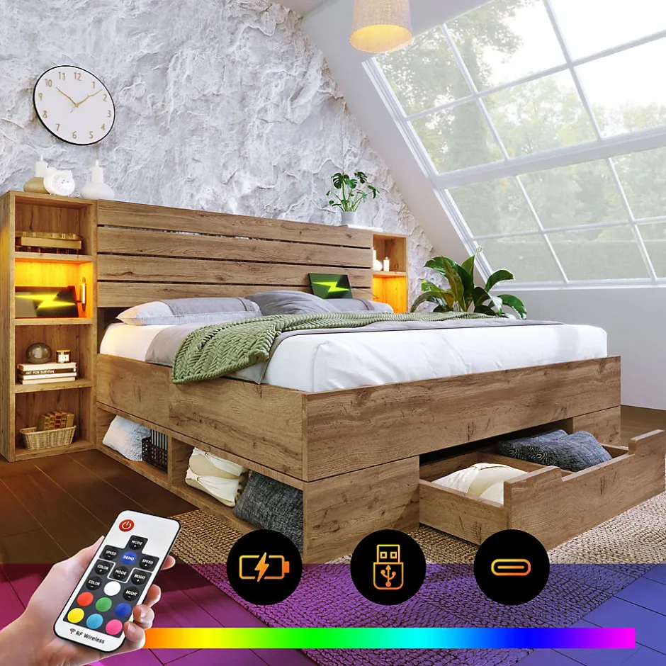 Okwish Lit avec rangement 180x200 cm - Lit double avec tête de lit LED et USB C - Bois Massif - Sans Matelas - Chêne
