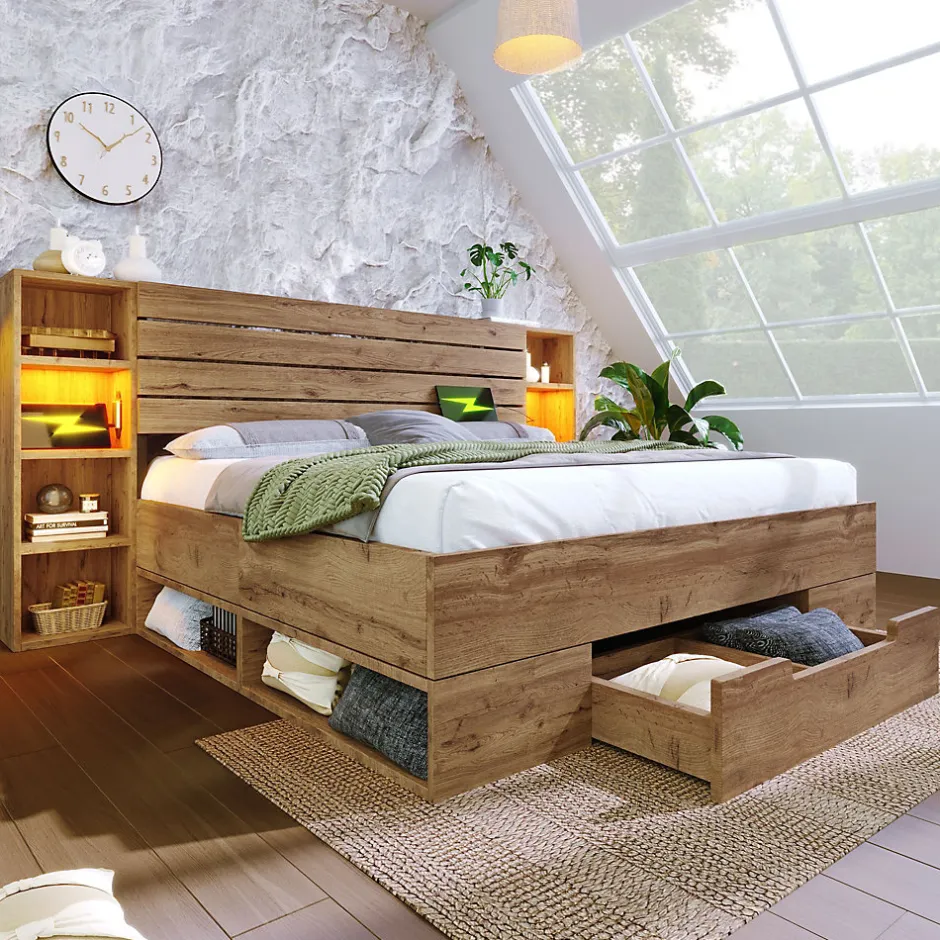 Okwish Lit avec rangement 180x200 cm - Lit double avec tête de lit LED et USB C - Bois Massif - Sans Matelas - Chêne