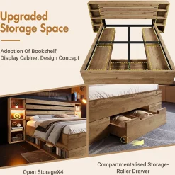 Okwish Lit avec rangement 180x200 cm - Lit double avec tête de lit LED et USB C - Bois Massif - Sans Matelas - Chêne