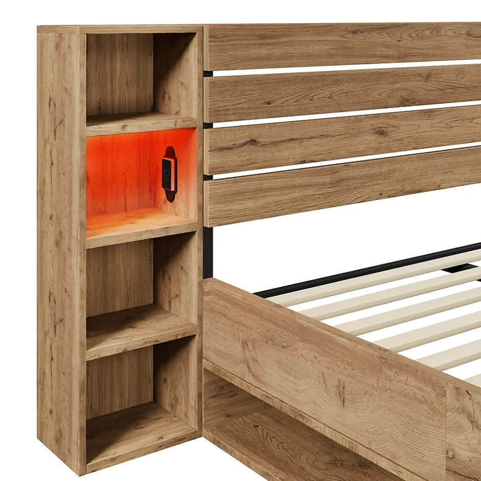 Okwish Lit avec rangement 180x200 cm - Lit double avec tête de lit LED et USB C - Bois Massif - Sans Matelas - Chêne