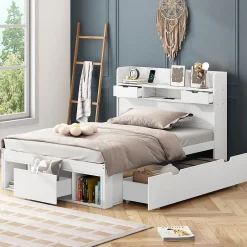 Okwish Lit avec Rangement 90x200 cm - Lit Simple avec USB et Tiroirs, Armoire Intégrée - Sans Matelas - Bois Blanc