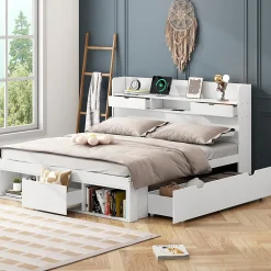 Okwish Lit avec Rangement 180x200 cm - Lit Double avec USB et Tiroirs, Armoire Intégrée - Sans Matelas - Bois Blanc