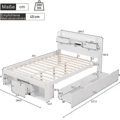 Okwish Lit avec Rangement 180x200 cm - Lit Double avec USB et Tiroirs, Armoire Intégrée - Sans Matelas - Bois Blanc