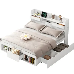 Okwish Lit avec Rangement 180x200 cm - Lit Double avec USB et Tiroirs, Armoire Intégrée - Sans Matelas - Bois Blanc