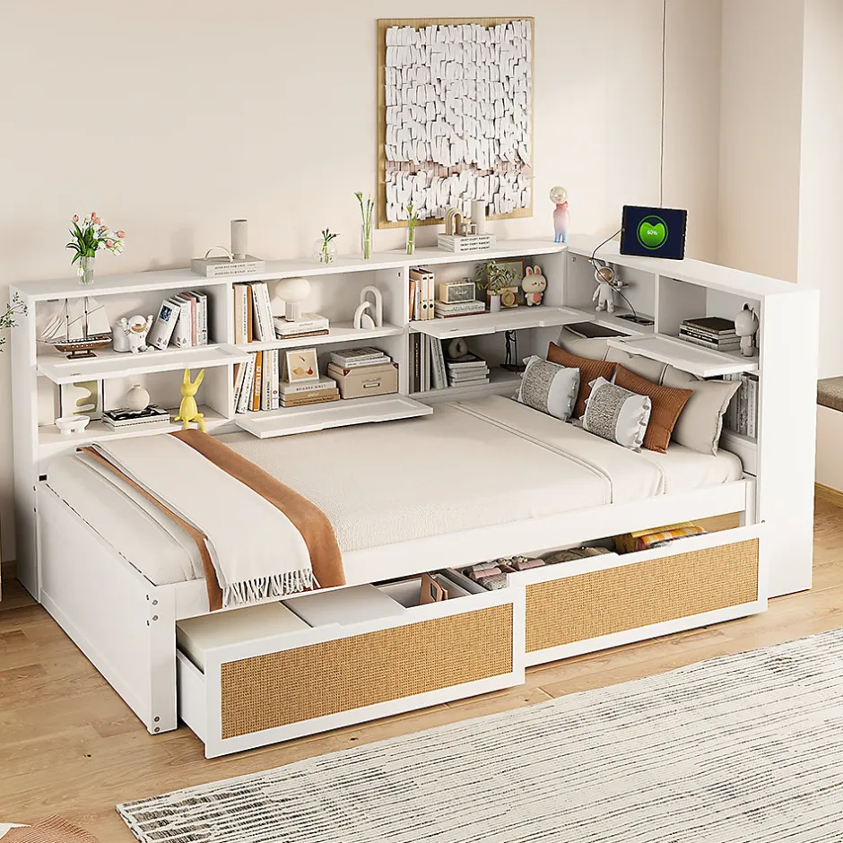 Okwish Lit avec Rangement 90x200 cm - Lit Simple enfant avec 2 Tiroirs et Niches de Rangement, Sans Matelas - Bois Massif et MDF Blanc