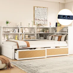 Okwish Lit avec Rangement 90x200 cm - Lit Simple enfant avec 2 Tiroirs et Niches de Rangement, Sans Matelas - Bois Massif et MDF Blanc
