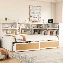 Okwish Lit avec Rangement 90x200 cm - Lit Simple enfant avec 2 Tiroirs et Niches de Rangement, Sans Matelas - Bois Massif et MDF Blanc