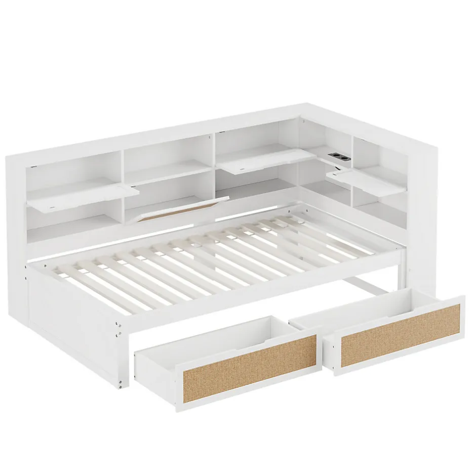 Okwish Lit avec Rangement 90x200 cm - Lit Simple enfant avec 2 Tiroirs et Niches de Rangement, Sans Matelas - Bois Massif et MDF Blanc