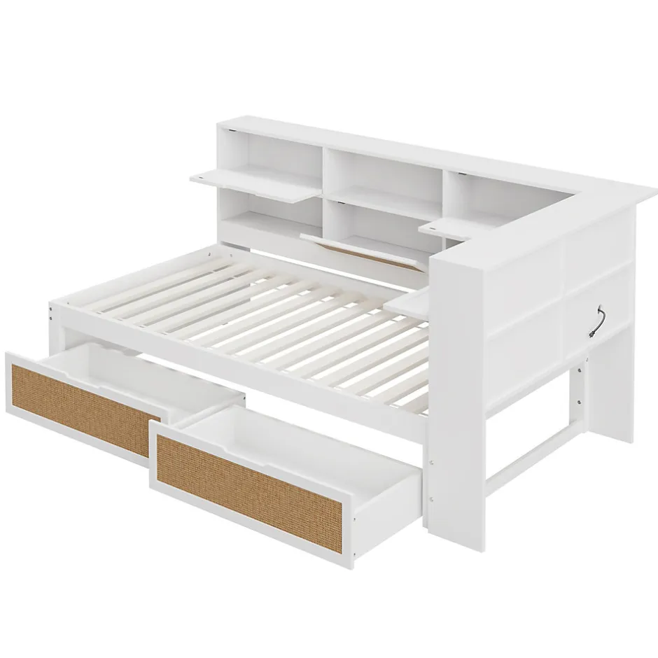 Okwish Lit avec Rangement 90x200 cm - Lit Simple enfant avec 2 Tiroirs et Niches de Rangement, Sans Matelas - Bois Massif et MDF Blanc