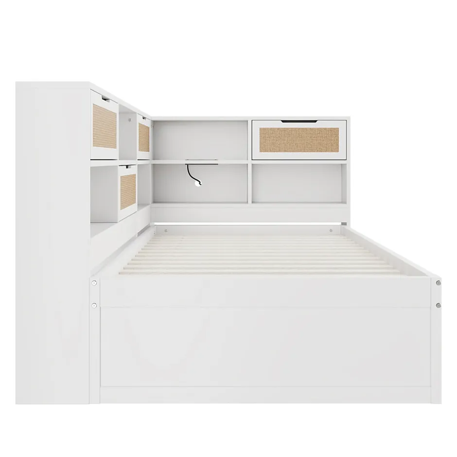 Okwish Lit avec Rangement 90x200 cm - Lit Simple enfant avec 2 Tiroirs et Niches de Rangement, Sans Matelas - Bois Massif et MDF Blanc