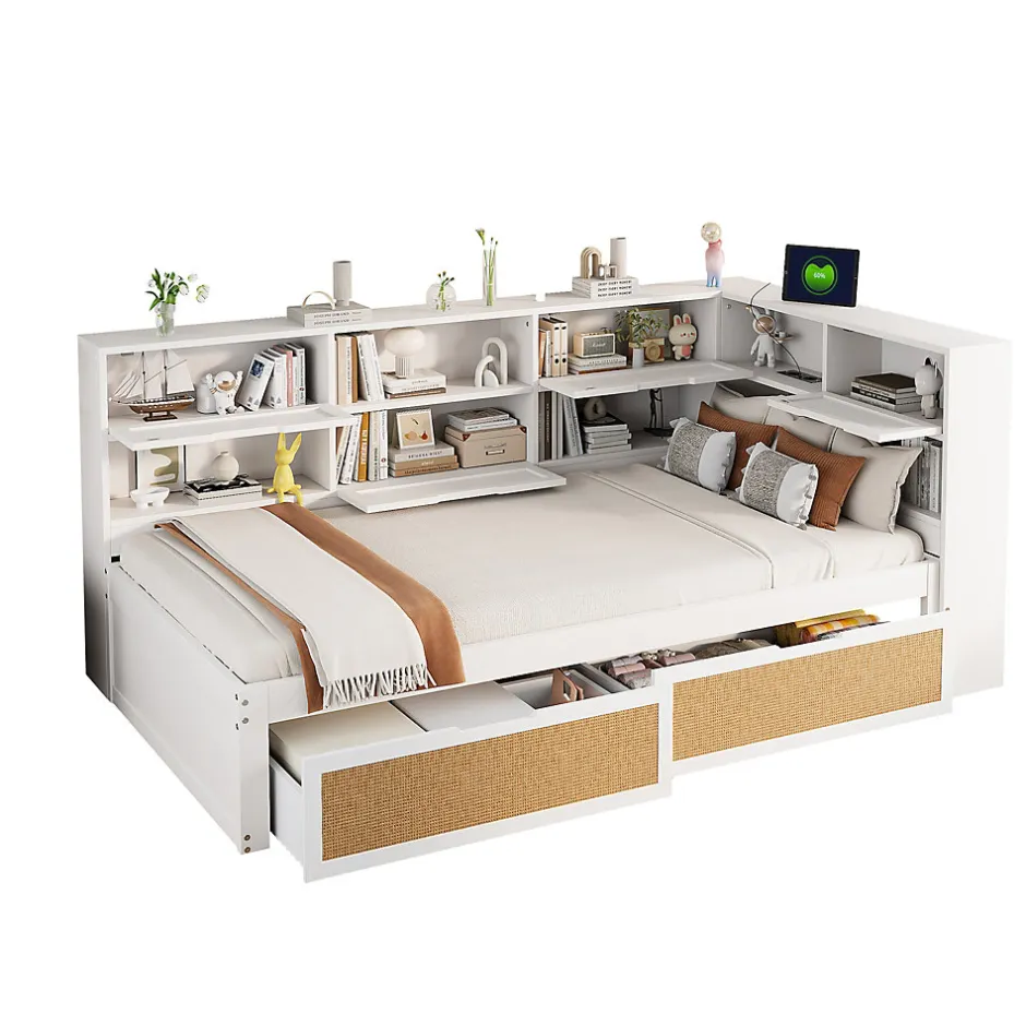 Okwish Lit avec Rangement 90x200 cm - Lit Simple enfant avec 2 Tiroirs et Niches de Rangement, Sans Matelas - Bois Massif et MDF Blanc
