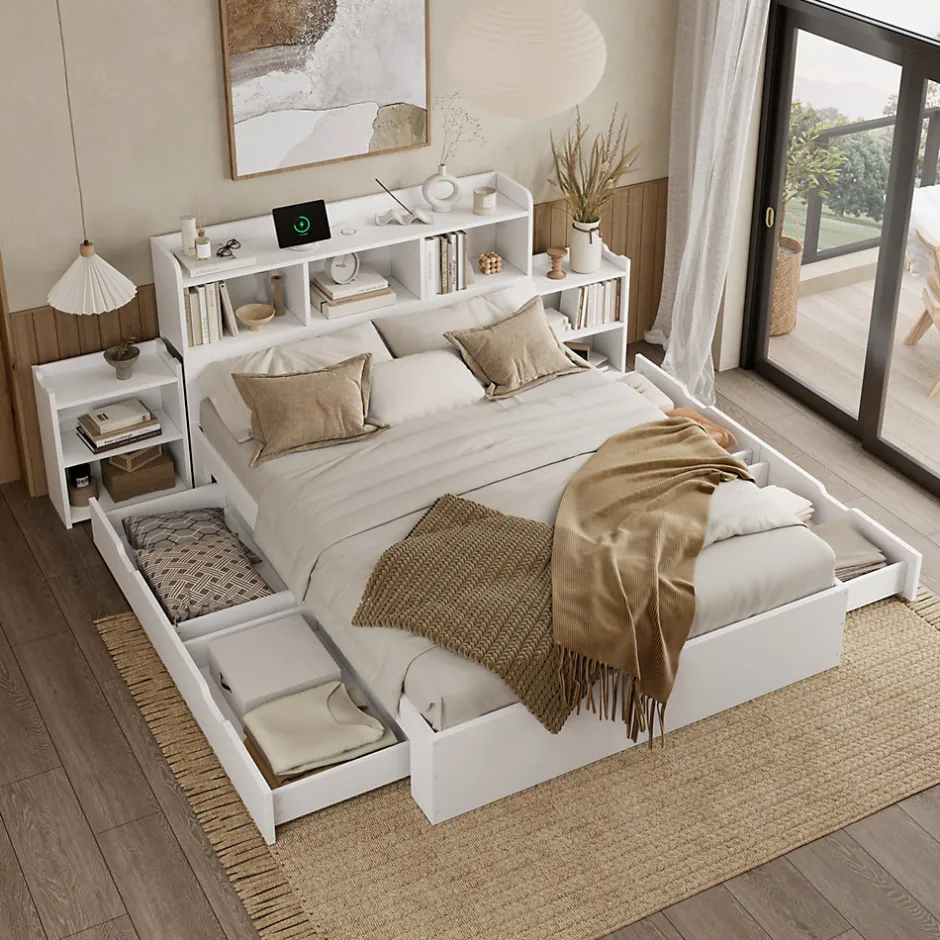 Okwish Lit avec Rangement 140x200 cm - Lit Double avec 2 Tables de Nuit Extractibles - MDF Robuste - Sans Matelas - Blanc