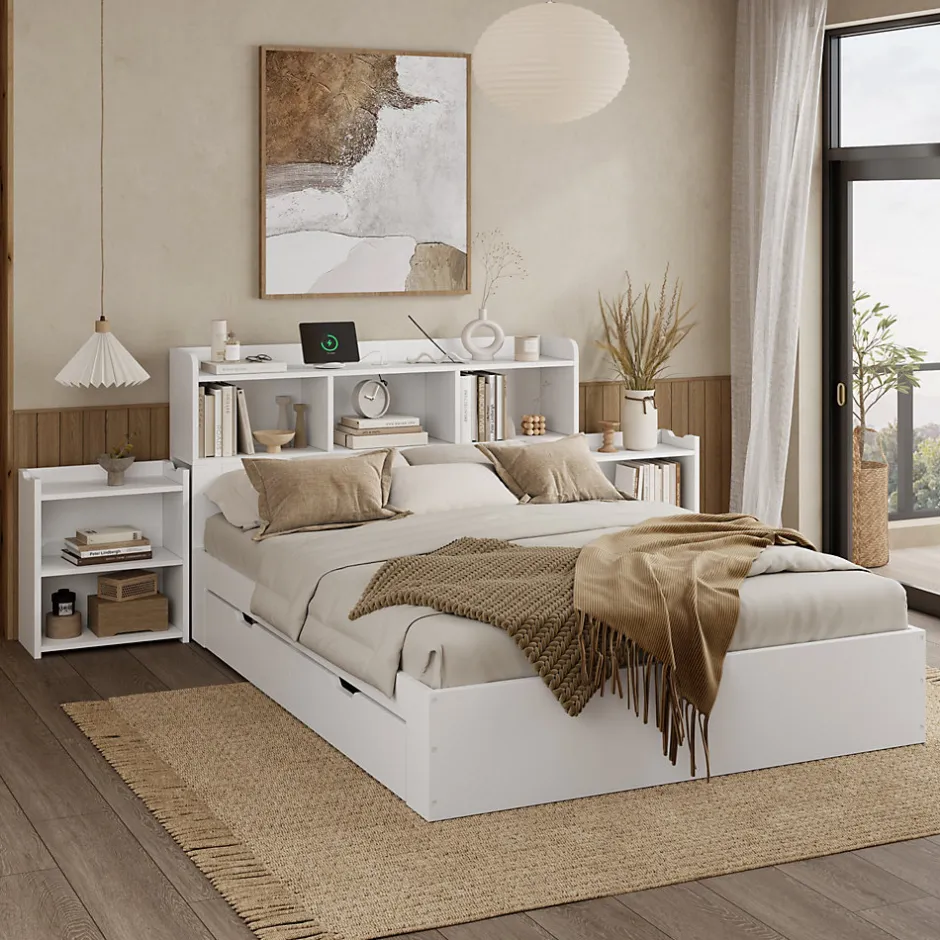 Okwish Lit avec Rangement 140x200 cm - Lit Double avec 2 Tables de Nuit Extractibles - MDF Robuste - Sans Matelas - Blanc