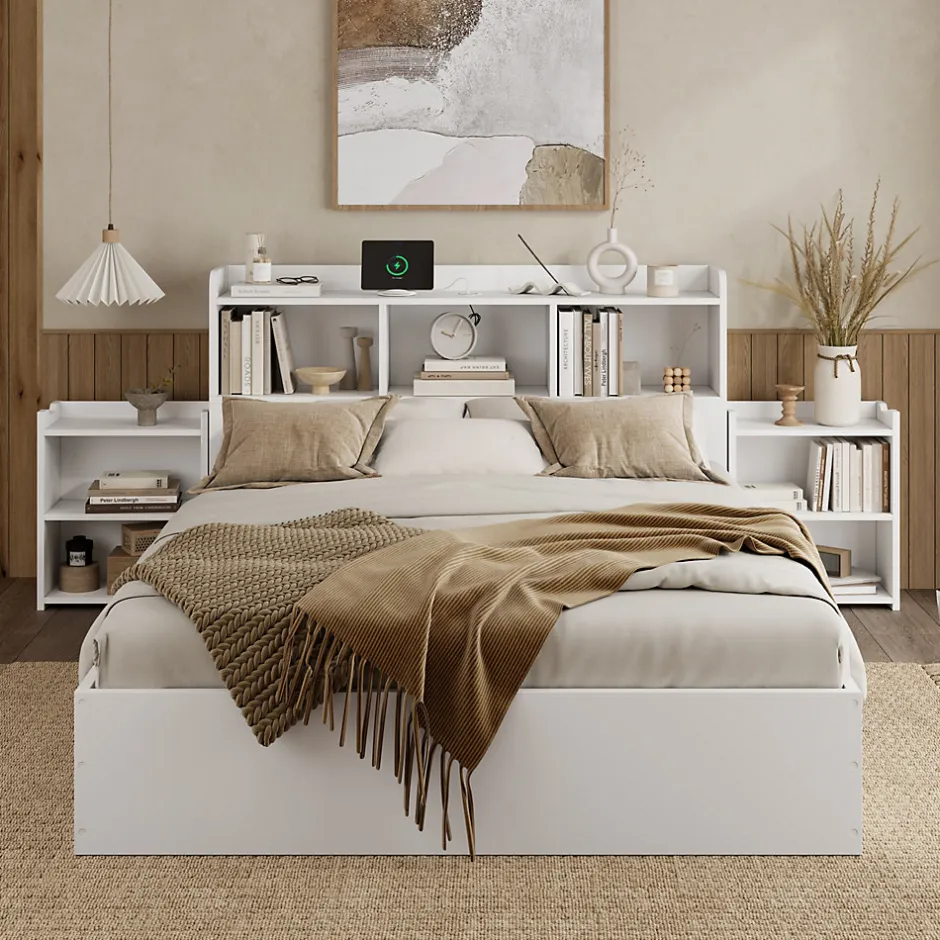 Okwish Lit avec Rangement 140x200 cm - Lit Double avec 2 Tables de Nuit Extractibles - MDF Robuste - Sans Matelas - Blanc
